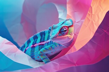A vibrant chameleon sits amidst a surreal, multicolored backdrop, giving off a dreamlike, artistic vibe