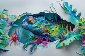This stunning paper art showcases a multicolor-scaled chameleon amongst paper-crafted plants, highlighting intricate detail and texture work in the art piece - obrazy, fototapety, plakaty
