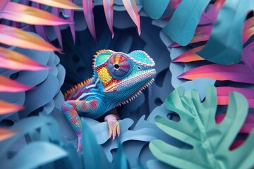 A vividly colored chameleon is skillfully crafted from paper, surrounded by a lush paper foliage creating a captivating display of art and nature