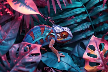 A deep red and blue chameleon is beautifully crafted from paper, blending seamlessly into a matching paper foliage background