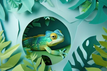 A gecko rests within a crafted paper cutout world of tropical foliage, showcasing precision and creativity