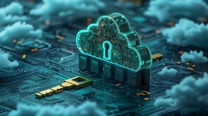 Cloud Security: A digital fortress protecting cloud data, with secure encryption keys - obrazy, fototapety, plakaty