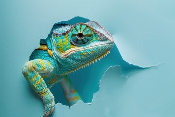 A captivating chameleon peers through a torn paper, embodying curiosity and unexpected discovery