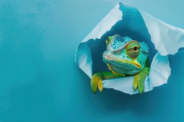 This image captures the essence of curiosity as a chameleon appears through a hole in a blue paper