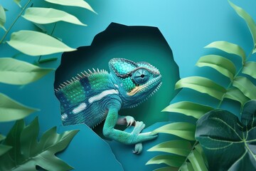 A chameleon strikingly blends its form within paper leaf cutouts in a harmonious symphony of green