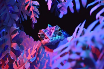 Hidden among artistically colored leaves, a chameleon's curious gaze captivates the viewer in this image
