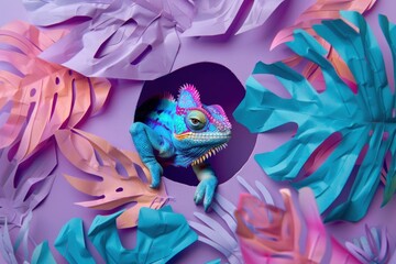 A vividly colored chameleon takes center stage among surreal purple foliage, creating a striking visual effect