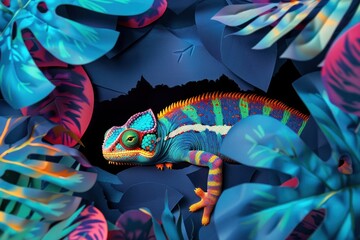 A multicolored chameleon is set against a backdrop of contrasting leaf silhouettes in a dynamic composition