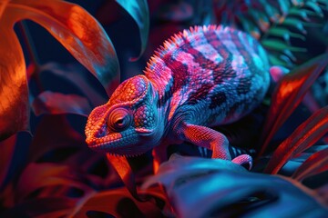 This bold image portrays a chameleon marching on leaves with a dramatic red and blue contrasting backdrop