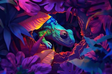 A curious chameleon peeks through a neon-lit tear in leafy foliage, striking a balance between hiding and visibility