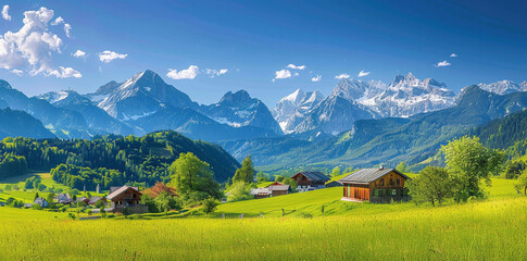 Idyllic Alpine Meadow with Wooden Houses and Mountains - obrazy, fototapety, plakaty