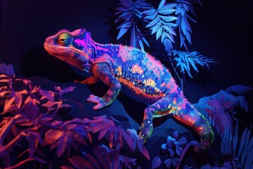 Neon colors light up this chameleon against a dark jungle background, emphasizing its unique beauty and the mystery of nature
