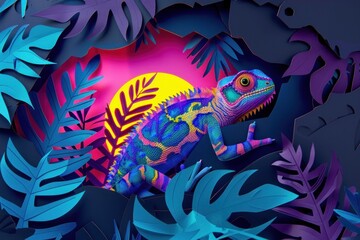 A vibrantly colored chameleon is set against a sunset backdrop amidst cutout style foliage
