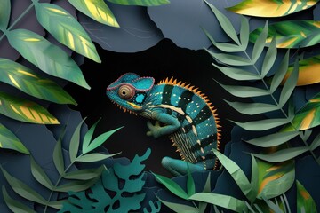 A chameleon appears almost camouflaged within the dimly lit cutout foliage, creating a serene scene