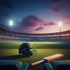 Cricket helmet and bat on grass of cricket stadium. View of cricket stadium at twilight. Rows of...