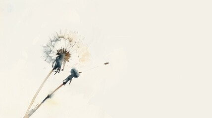 minimalist watercolor composition featuring a single, delicate dandelion against a stark, white background, symbolizing simplicity and elegance