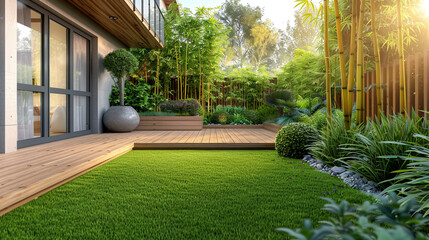 Elegant Home Garden with Bamboo and Wooden Deck Design - obrazy, fototapety, plakaty
