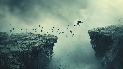 Visionary leaping across a chasm of uncertainty illustration of determination and progress - obrazy, fototapety, plakaty