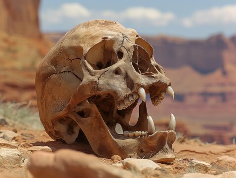 A skull with teeth is laying on the ground in a desert. The skull is old and has a lot of teeth, which gives it a menacing appearance. The desert setting adds to the eerie atmosphere of the image