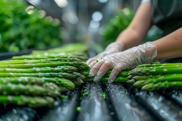 Hands in gloves wash fresh green asparagus under water before packaging, showcasing freshness and food safety
