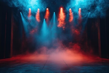immerse yourself in an ethereal world: empty dark stage transformed with mist, fog, and red...