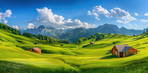 Idyllic Summer Landscape With Green Meadows and Wooden Cabins