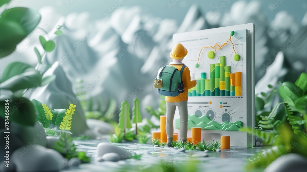 Poster environmental science: a 3d vector illustration of a scientist analyzing data on climate change