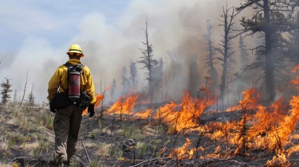 Firefighter Battling Wildfire in Forest - obrazy, fototapety, plakaty