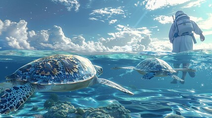 Environmental Science: A 3D vector illustration of a scientist releasing rehabilitated sea turtle - obrazy, fototapety, plakaty