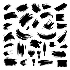 Paint brush. Black ink grunge brush strokes. Vector paintbrush set. Grunge design elements. Painted ink stripes. Creative isolated spots. Ink smudge abstract shape stains and smear