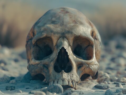 A skull is laying on the ground, with its eyes closed and mouth open. The skull is surrounded by rocks, giving it a sense of isolation and desolation. The image evokes a feeling of unease