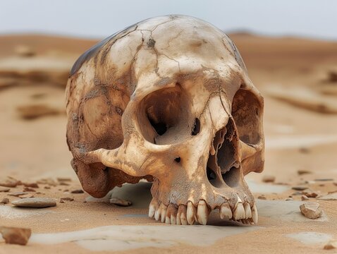A skull is laying on the sand in a desert. The skull is old and has a rough texture. The image has a somber and eerie mood, as it is a reminder of death and mortality