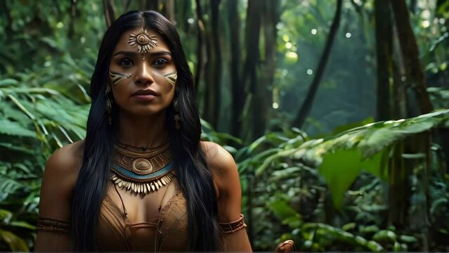 Close up of indigenous people in the Amazon jungle. Brazilian native woman. Woman in traditional indigenous dress in a lush tropical Amazonian forest