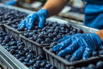 A worker's hands in blue gloves shown selecting and inspecting ripe blueberries on a conveyor belt in a food manufacturing unit