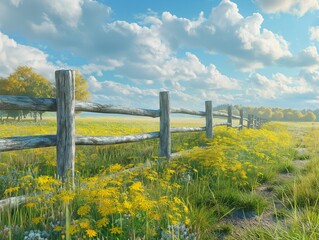 A wooden fence with a field of yellow flowers in the background - obrazy, fototapety, plakaty