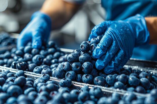 Detailed image showing the quality checking process of blueberries at a food processing plant with focus on textures