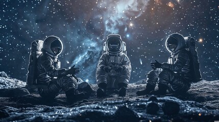 A team of astronauts sits attentively on an alien planet's surface, possibly strategizing or resting - obrazy, fototapety, plakaty