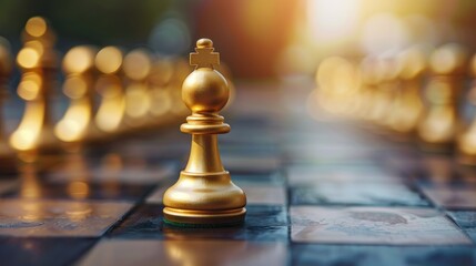 Golden pawn chess in the chessboard move out from line on blur background. AI generated image