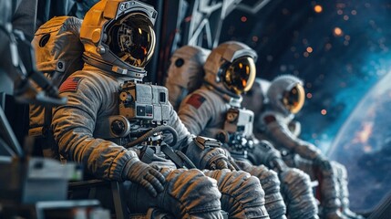 A line of astronauts in yellow-trimmed spacesuits seated inside a space station with Earth in view