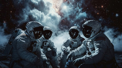 Group of astronauts having a focused conversation in front of an expansive starry background, epitomizing teamwork in space