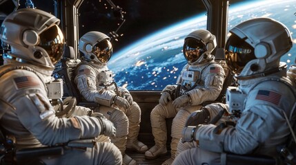 Crew of astronauts sharing thoughts inside a spacecraft with Earth seen through a window for a notion of connectivity