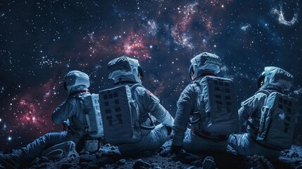 Four astronauts sitting on the ground looking up at a vibrant cosmos, capturing the wonder of space exploration
