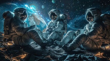 Astronauts gathered in a circle on a space surface with bright celestial lights behind, illustrating camaraderie