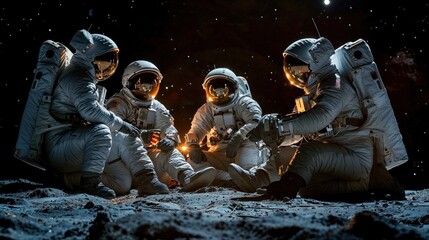 A captivating scene depicting a group of astronauts in space suits congregating on the moon's surface under a starry sky