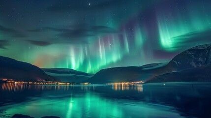 beautiful landscape of the Northern Lights seen from a lake at night