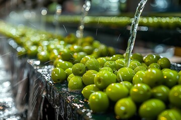 Fresh green apples receive a thorough wash on a conveyor belt in a food processing plant, the water droplets shimmering in the light