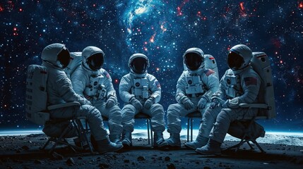 An image of astronauts seated in front of a cosmic galaxy background, highlighting the grandeur of space