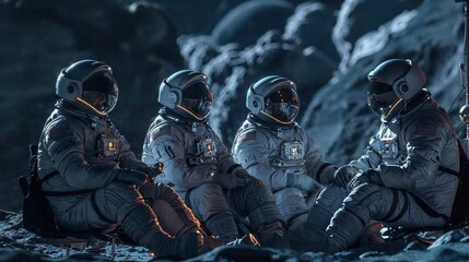 Four astronauts sitting on the moon's surface with Earth visible above the lunar horizon, capturing the essence of space exploration