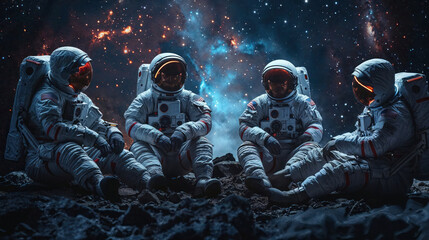 Astronaut squad seated against the lunar surface backdrop with dense star field, evoking a sense of camaraderie