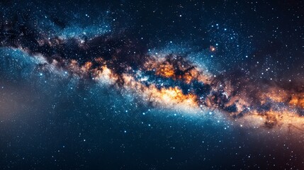 The Milky Way is a beautiful and vast galaxy filled with stars and dust. The blue and orange colors of the stars create a sense of wonder and awe. The image captures the vastness of the universe - obrazy, fototapety, plakaty